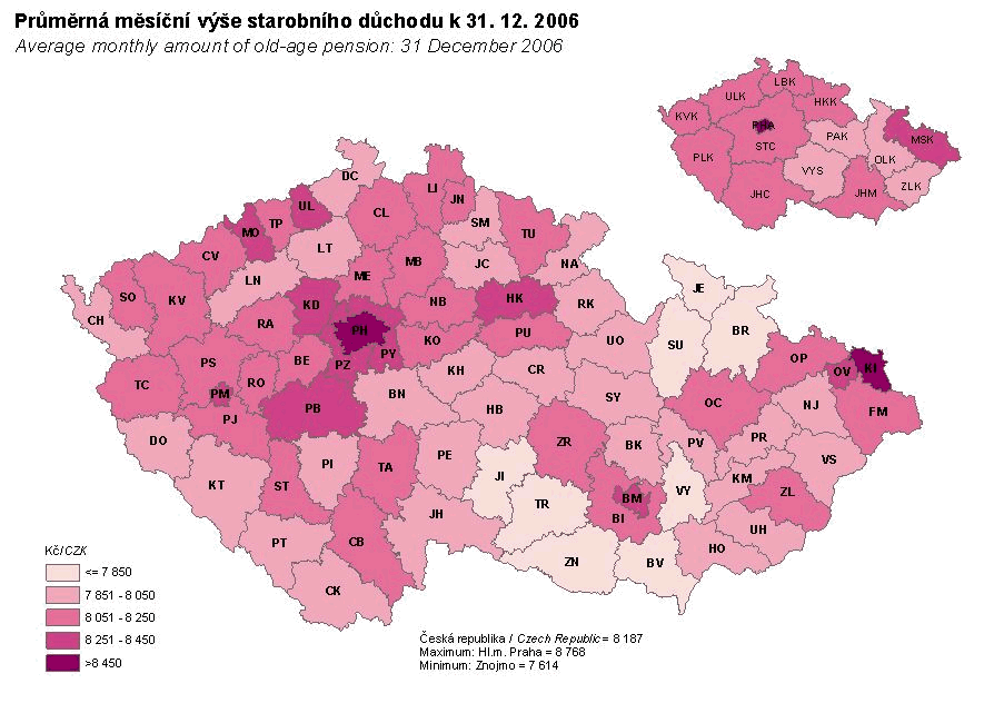 Kartogram 28. Průměrná měsíční výše starobního důchodu k 31. 12. 2006